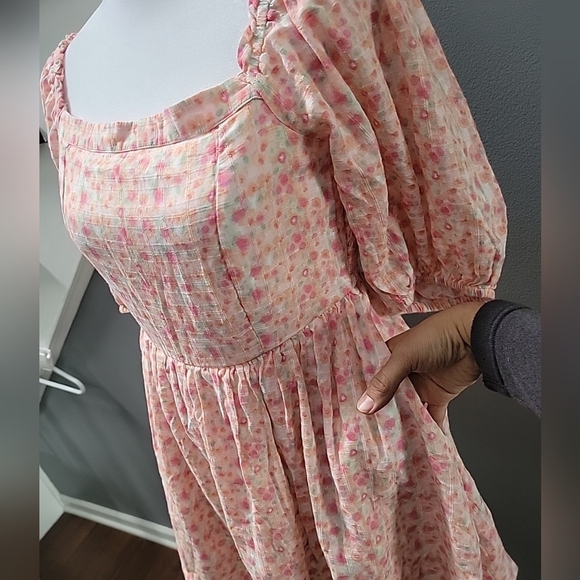 AE American Eagle Puff Sleeve Mini Dress Sundress Med Pockets Smocked - Picture 6 of 6